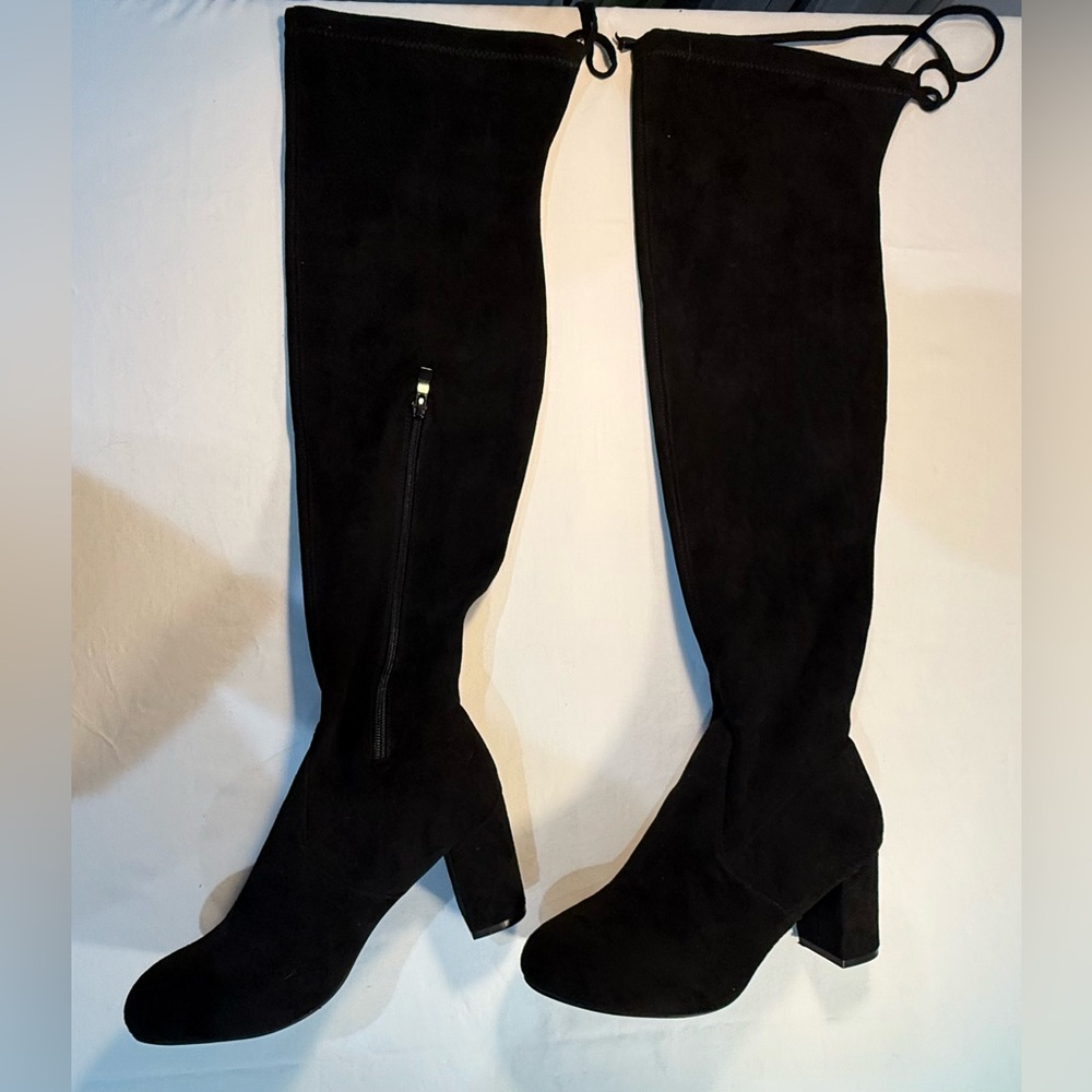 Vepose Black Over-the-Knee Boots Suede Side Zip Back Tie